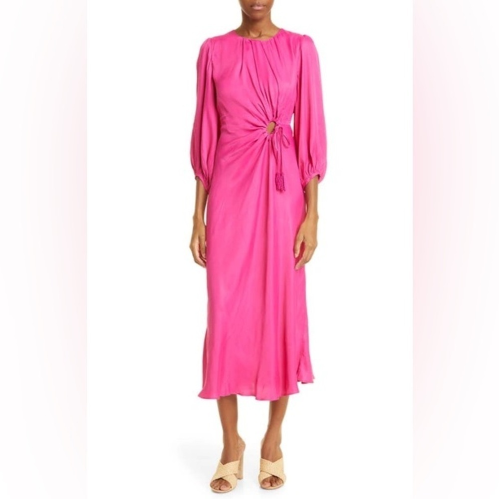 FARM RIO SOLID BLOUSON SLEEVE CUTOUT MIDI DRESS IN PINK B965
